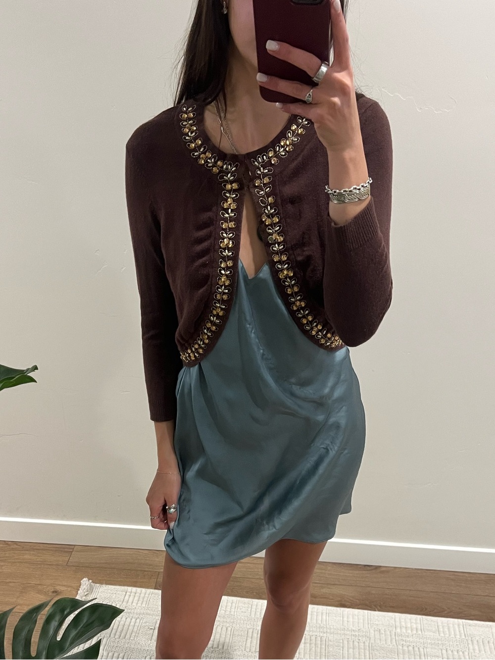 Vintage Beaded Trim Brown Cropped Cardigan